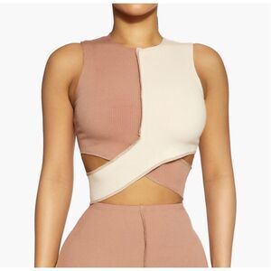 Naked Wardrobe Crisscross Rib Crop Top in Oatmeal/coco size L NWT